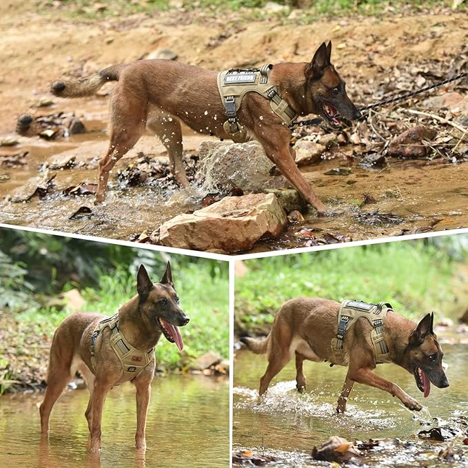 PET MARVEL Tactical Dog Harness for Large Size, No Pull Military Dog Vest with Easy Control Handle, Molle Hoop & Loop, Adjustable Reflective Reinforced Stich for Walking Training, Brown