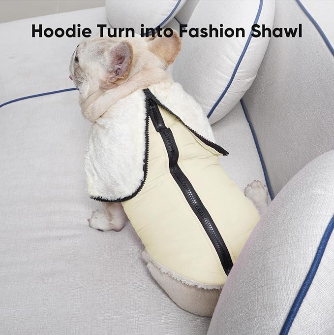 Fleece Lining Dog Hoodie with Harness Built in,Extra Warm Medium Dog Jacket in Winter Doggie Coats with Hooded,Light Yellow L