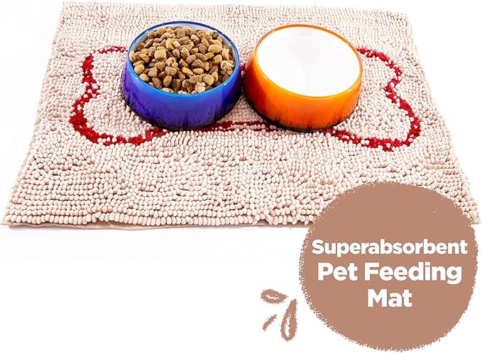 Soggy Doggy Slopmat - Water Absorbing Door Mat for Food and Water - Microfiber Chenille Rug for Muddy Paws and Messy Eaters - Machine Washable (Beige/Red Bone, 18” x 24″)