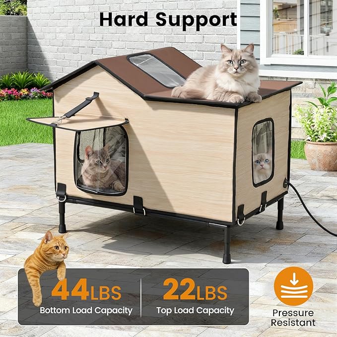 Heated Cat House for Outside in Winter, Weatherproof & Insulated Large Cat Shelter with Heated Cat Bed and 2 Safe Escape Doors for Multiple Stray/Feral Cats(Wood-Grain, 27.6"x19.3"x21.3")