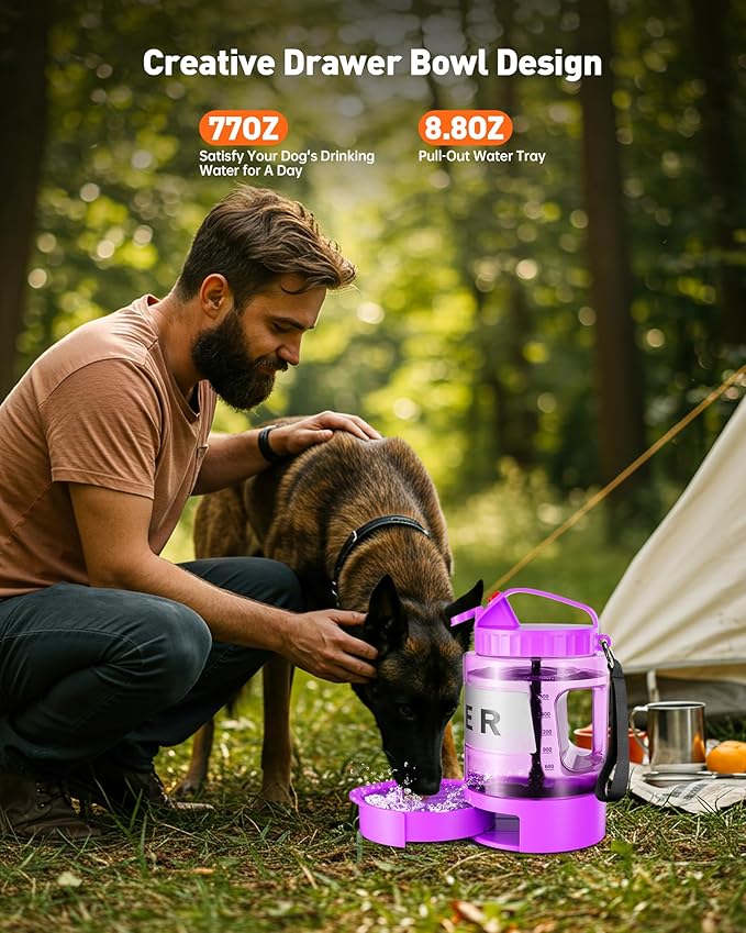 Portable Dog Water Bottle Bowl - 77 oz Travel Water Bowl Dispenser for Dogs Leak Proof, Suitable for Large Pet Drinking, A Must Have for Outdoor, Camping, Walking, Beach, Hunting Other Scenes (Purple)