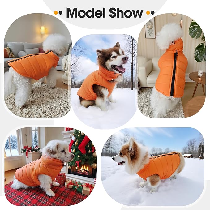 Dog Coat for Large Dogs, Dogs Snow Jacket with Back Zipper, Winter Warm Dog Puffer Vest with Detachable Neck Wrap, Winter Pet Clothes Elastic Band on Chest for Springer, Dalmatian, Orange L
