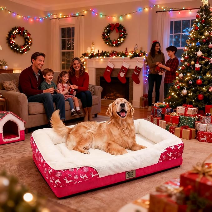 Christmas Washable Orthopedic Large Dog Bed - Removable Orthopedic Foam Pet Couches with Bolsters Waterproof Large Dog Bed and Non-Slip Bottom Extra Large Pet Sofa - Red