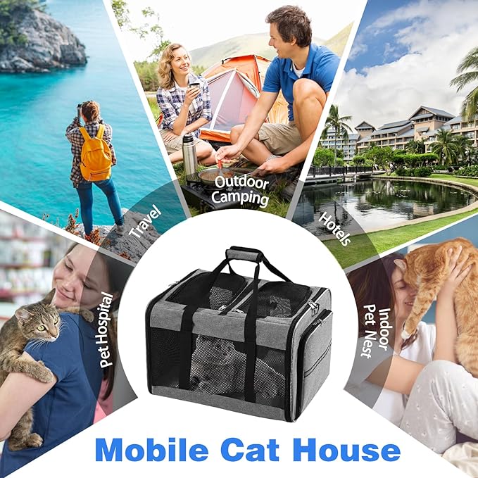 Portable 2-in-1 Pet Carrier,Double Compartment Cat & Dog Carrier for 2 Cats,Expandable Medium Dogs Large Cat Carrier with Sturdy Base,Breathable,Good for Traveling Walking Camping(Grey)