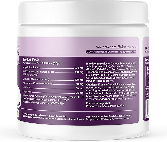 Fera Pets Dog Calming Chews - Anxiety Relief Support - Promotes Relaxation - Ashwagandha & Priome® Mental Wellbeing Postbiotic Blend - 90 Soft Chews