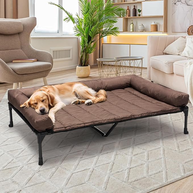 Veehoo Cooling Elevated Dog Bed Add Removable Waterproof Bolster Cushion Mat, Raised Pet Cot with Breathable Teslin Mesh, No-Slip Feet, Dog Sofa Bed for Indoor Outdoor, XXLarge, Brown CWC2331B