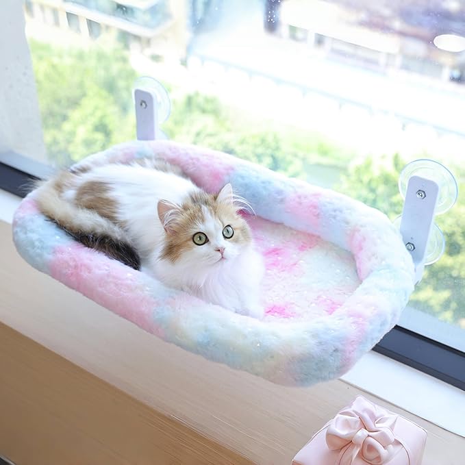 Cat Window Perch, Sturdy Cat Hammock with Strong Suction Cups for Large Heavy Cats, Gradient Color Shiny Fabic with Cushioned Border, Cute Window Bed Seat for Cats Inside with Movable Toy Hooks (XL)