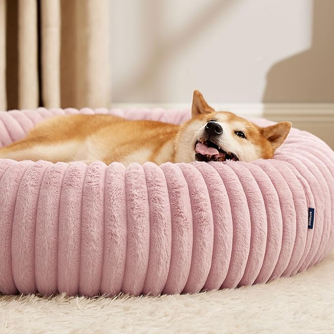 Bedsure Donut Large Dog Bed - Washable Faux Fur with Corduroy Fleece & Anti Slip Bottom, Round Pet Bed with Removable Cover, Blush Pink, 36x36x8 inches