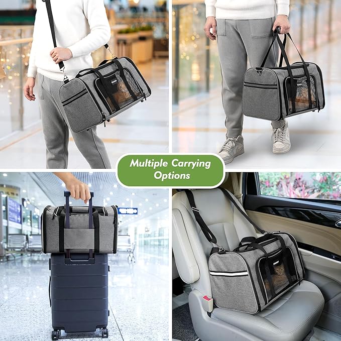 Soundy Large Cat Carrier Dog Carrier Under 25 Lbs,Collapsible Ventilated Portable Pet Bag with Soft Sided Breathable Mesh for Long Car Trips Maxi Load 2 Kittens or Small, Medium Dog (Large Grey)