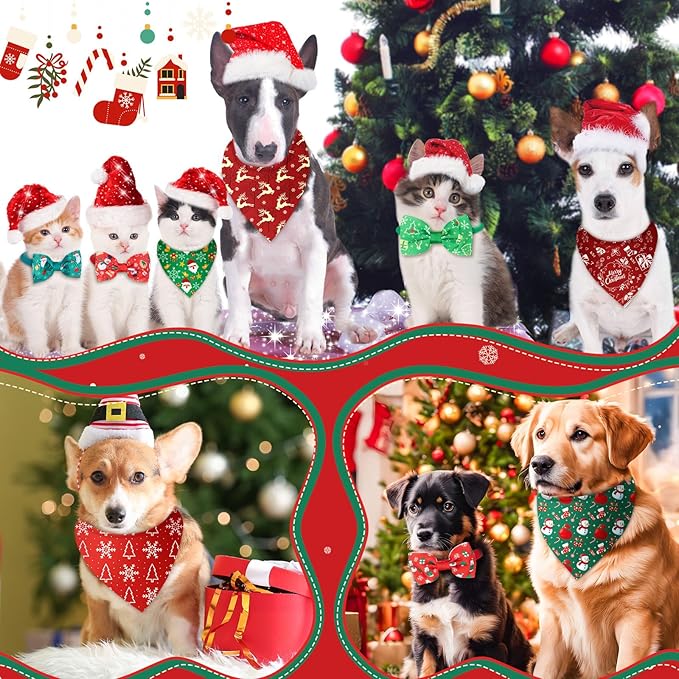Sanwuta 100 Pcs Christmas Dog Bandanas Bulk and Charm Collar Bow Ties Set 50 Xmas Bandanas for Dogs 50 Xmas Doggie Collar Santa Snowflake Triangle Scarf Bowtie for Small Medium Large Pets