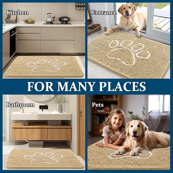 OLANLY Dog Door Mat for Muddy Paws 70x46, Paw Print Design, Absorbs Moisture and Dirt, Absorbent Non-Slip Washable Doormat, Quick Dry Chenille Mud Mat for Dogs, Entry Indoor Entryway Carpet, Beige