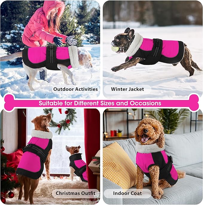 Dogcheer Waterproof Dog Coat, Christmas Dog Winter Jacket, Adjustable Puppy Fleece Coat for Cold Weather, Reflective Turtleneck Snow Jacket for Small Medium Large Dogs - Pink, M