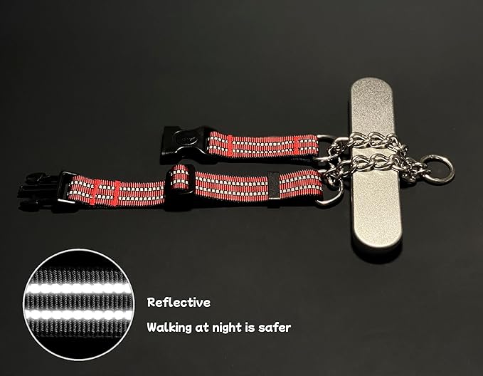 Martingale Dog Collars, Reflective Nylon Collar with Stainless Steel Chain, Adjustable Walking Training Dog Collars with Quick Release Buckle, Suitable for Small Medium Large Dogs(Red,M)