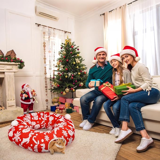 Christmas Cat Tunnel Bed in 3FT x 3FT x 10IN-Cute Cat Tube Christmas Tree Skirt with Ball,Foldable Round Pet Toy with Washable Mat for Keeping Indoor Cats Off Xmas Tree, Red