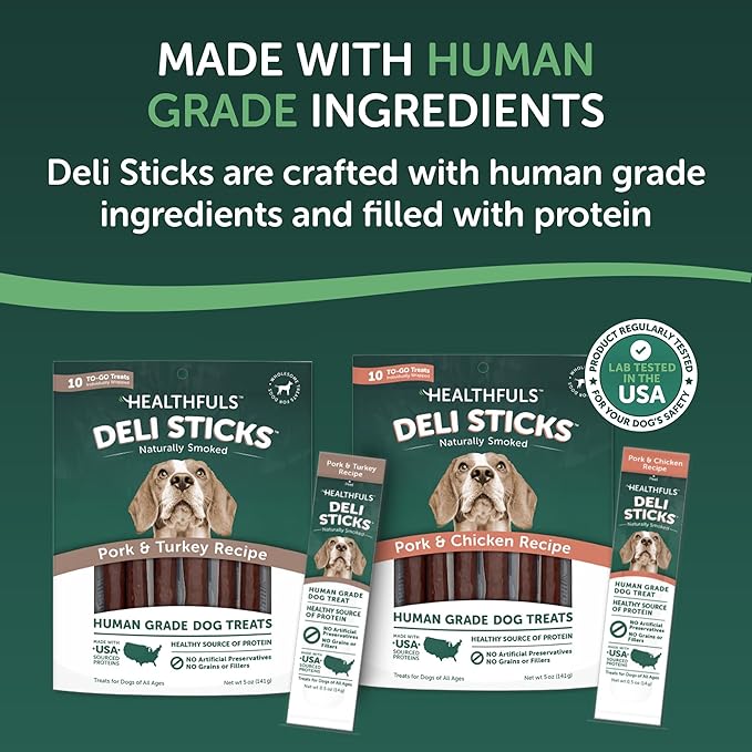 HEALTHFULS Deli Sticks Pork and Chicken Human-Grade Gluten-Free Soft and Chewy Dog Treats, 10 Count Bag