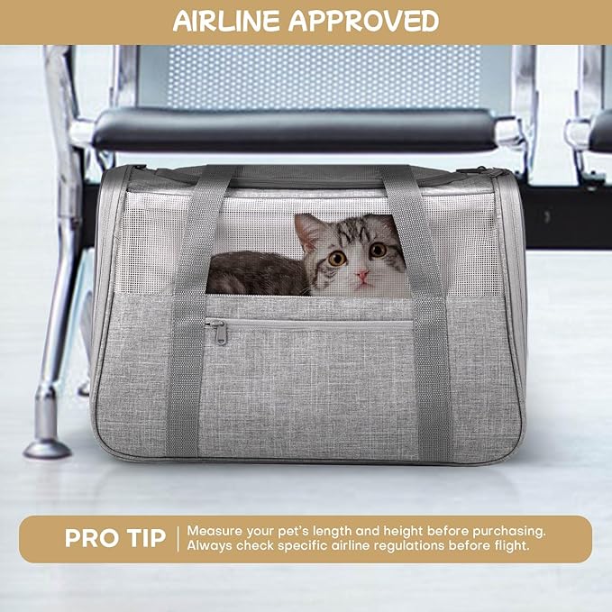 Cat Carrier Soft-Sided for Large Cats, Dog Carriers for Small Dogs, Airline Approved Pet Travel Carrier for Cats Puppies up to 16Lbs with Safety Zippers Foldable Bowl, 18x12.5x14.2, Grey