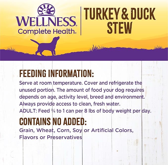 Wellness Complete Health Thick & Chunky Natural Grain Free Canned Wet Dog Food, Turkey & Duck Stew, 12.5-Ounce Can (Pack of 12)