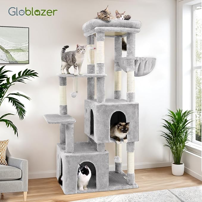Globlazer Cat Tower for Indoor Cats, Heavy Duty Cat Trees for Large Cats Adult Big Cats Maine Coon Cat Tree Tower with Scratching Post, Extra Large Top Perch, Cat Condos, F61, Cloud Grey, 61inch