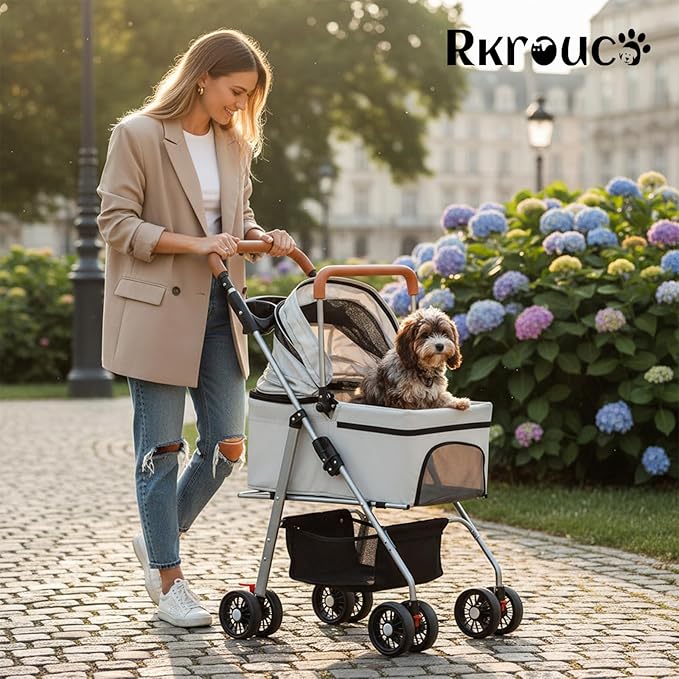 3 in 1 Dog Strollers 4 Wheels Folding Pet Stroller with Detachable Carrier Multifunction Portable Dogs Travel Carriers for Medium Small Puppy Kittens(White Gray)