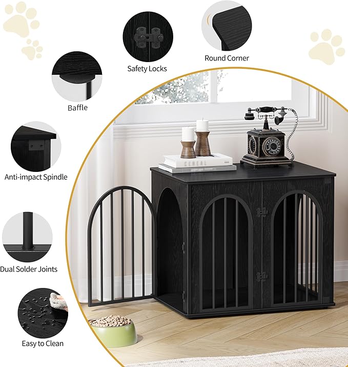 26.8'' Wooden Dog Crate Furniture, Indoor Dog Kennel Dogs Cage for Small Dogs, Heavy Duty Dog Crates Decorative Pet House End Side Table TV Stand, Black DFC85504B