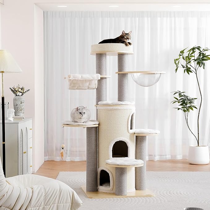 63'' Tall Castle Cat Tree House for Maine Coon,Solid Wood Modern Cat Tower for Indoor Large Cats,Multi-Level Heavy Duty Luxury Cat Condo with Sisal Scratching Post,Perch,Cushion,Hammock for Mult-Cats