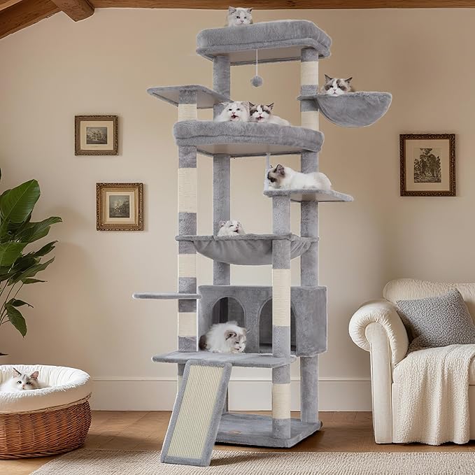 Heybly Tall Cat Tree for Large Cat, 80-inch Multi-Level Cat Tower for Indoor Cats with Large Baseboard, Condo Furniture with 2 Widened Plush Perches,Scratching Board and Big Caves, Light Gray HCT038W