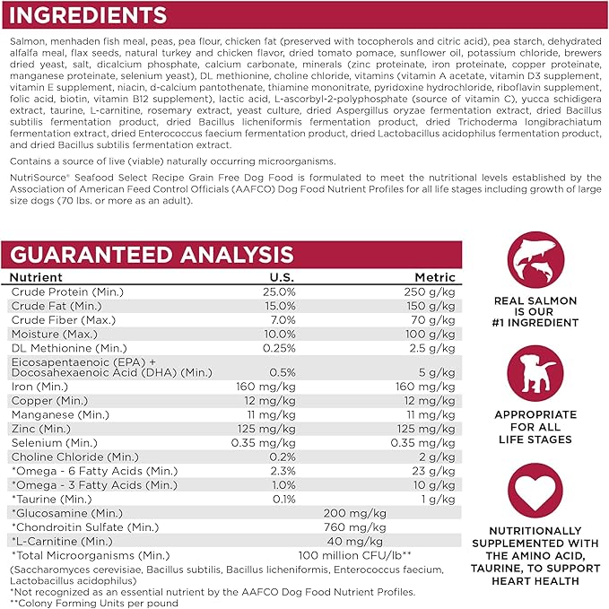 NutriSource Seafood Select Grain Free Dry Dog Food, Salmon and Menhaden Fish Meal, 12LB