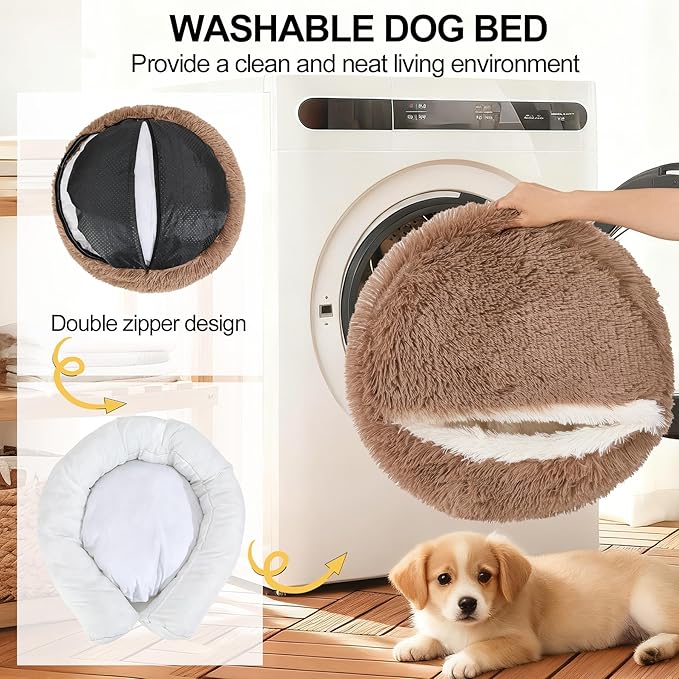 Calming Dog Beds & Cat Cave Bed with Hooded Cover,Removable Washable Round Beds for Small Medium Pets,Anti-Slip Faux Fur Fluffy Coved Bed for Improved Sleep,Fits up to 15/25 lbs(Khaki,M)