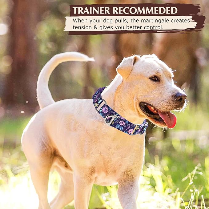Heavy Duty Martingale Collar for Dogs - Reflective Nylon with Quick Release Buckle & Purple Flowers Design - No Slip Choke Collar for Training, Walking & Nighttime Safety L