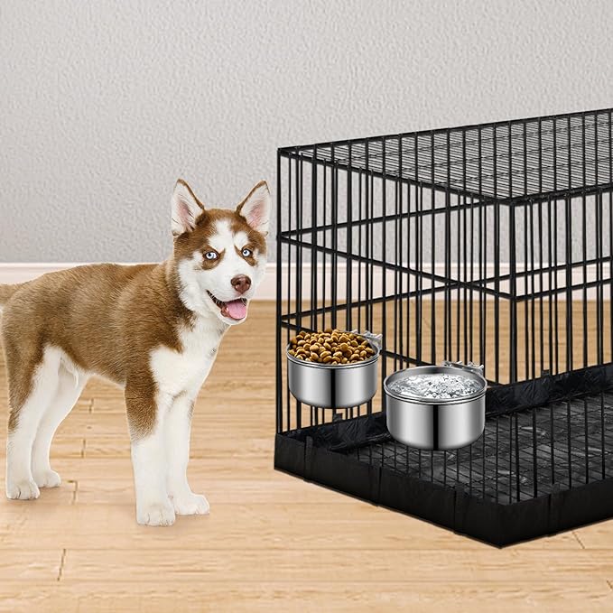 Water Bowl for Dog Crate, ShineMe Stainless Steel Pet Food Bowls for Kennel Cage No Spill, Attachable Dog Crate Bowls Hanging 2 Pack for Medium and Small Sized Dogs (5.5 x 2.9” & 4.9 x 3.3”)