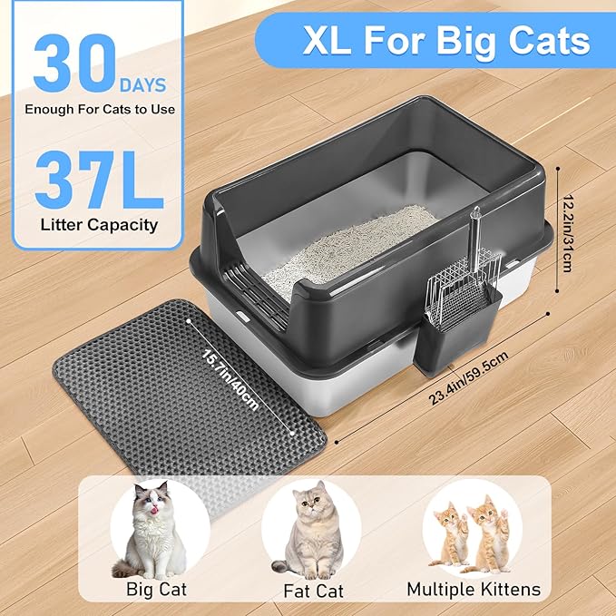 Marchul 2 Pack Stainless Steel Cat Litter Box with Litter Scoop Holder, XL Litter Boxes with Metal Scoop, Litter Mat, Easy to Clean for Indoor Big Cats,High Sides, Multicat Home,Anti-Urine Leakage