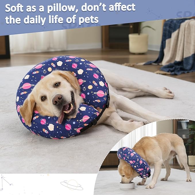 Inflatable Dog Cone Collar,Waterproof Soft Dog Donut Cone for Large Medium Small Dogs Cats, Recovery Pet E-Collar Alternatives After Surgery (Planet, Medium+)