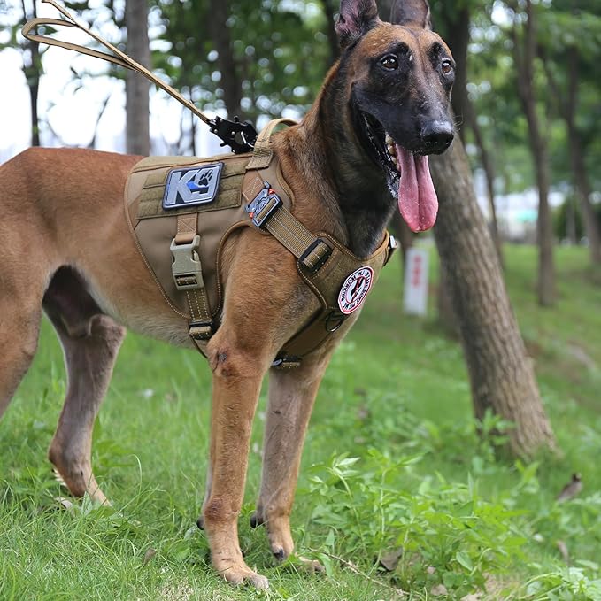 ICEFANG Tactical Dog Harness, Large Size,2X Metal Buckle,Working Dog MOLLE Vest with Handle,No Pulling Front Leash Clip,Hook and Loop Panel (Brown,L (Pack of 1))