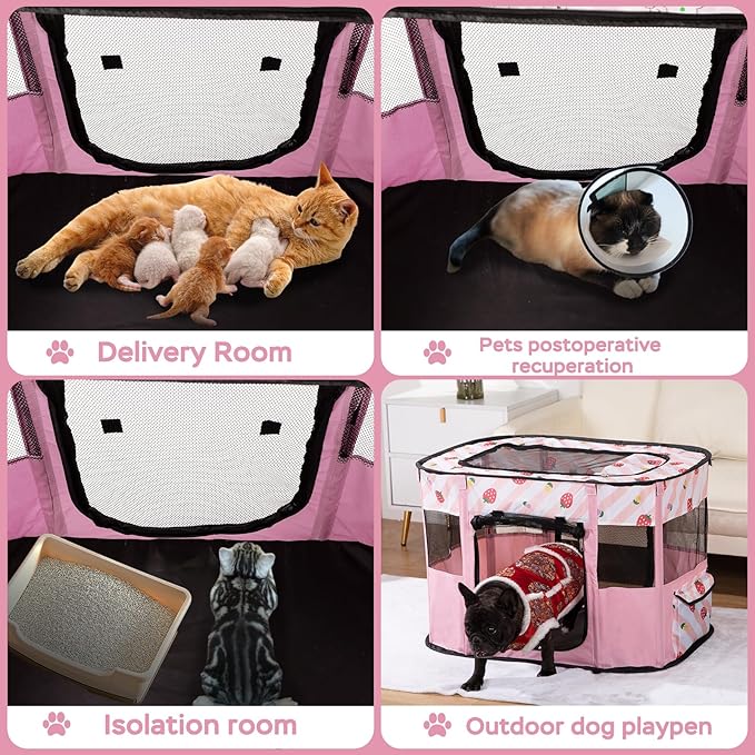 Dog and CAT pop Play Pen,Pets Houses for Dogs and Cats,Indoor&Outdoor Exercise Pen Dog Tent Puppy Playground Large (L, Pink)