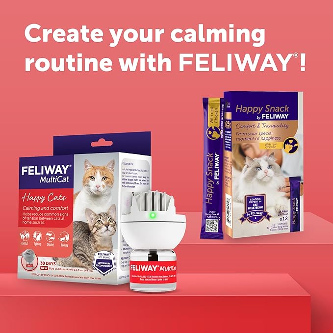 FELIWAY MultiCat 3 x 30 Day Cat Calming Refills for Pheromone Diffuser & Happy Snack Delicious Calming cat Treats (12-ct Chicken Flavor)