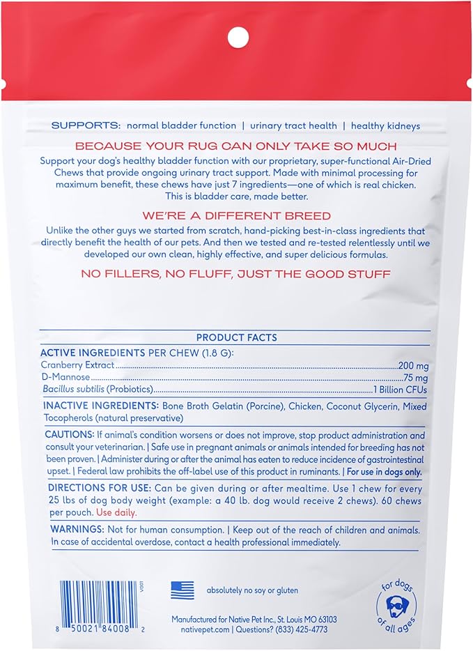 Native Pet Dog UTI Treatment - Cranberry Supplement for Dogs Bladder Control & Kidney Support - Prevent Urinary Tract Infection and Urinary Incontinence - Made with Real Cranberry Extract - 60 Chews