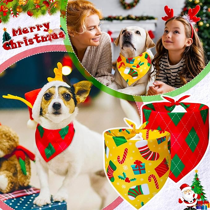 100 Pcs Christmas Dog Bandanas Bulk Xmas Dog Bandanas Adjustable Santa Claus Gingerbread Man Deer Pattern Pet Bibs Triangle Scarf Christmas Holiday Costume for Small Medium Pet Puppy