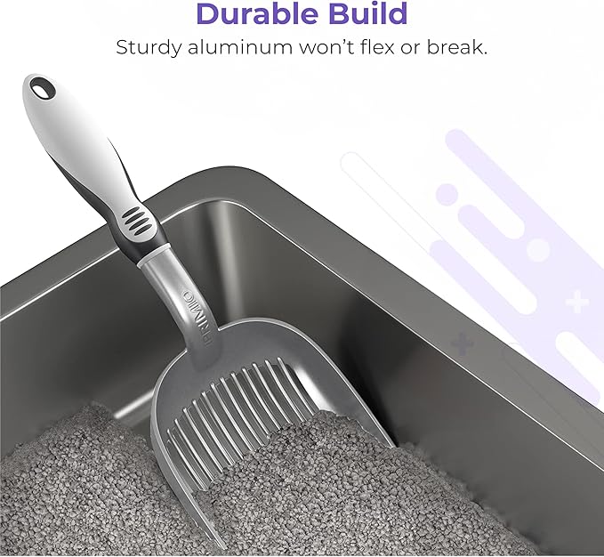 iPrimio Cat Litter Scooper Deep Shovel with Holder - (Silver XL) - Non-Stick Pooper Scooper Shovel Kitty Litter Sifter - Patented Solid Aluminum Poop Scoopers with Long Handle, Easy Grip, Pet Supplies
