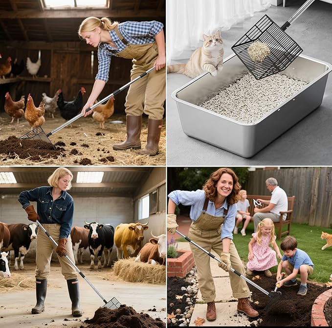 Cat Litter Scoop, Long Handle Detachable Metal Scooper with Deep Sifting Shovel,Heavy Duty Adjustable No Bending Back Pet Poop Shovel Chicken Poop Scooper (23-68 inch (Joinable Handle))