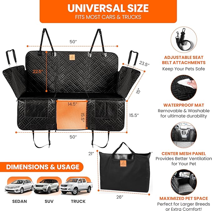 Dog Back Seat Cover Hard Bottom - 2025 Upgraded Materials - 6.4mm Support Boards Holds 400lbs - Waterproof Dog Hammock for Car, SUV & Truck - Pet Seat Cover for Back Seat - Backseat Extender for Dogs