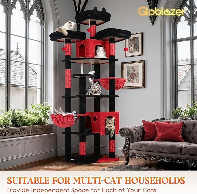 Globlazer Gothic Cat Trees and Towers for Multiple Adult Cats, 82-inch XXL Tall Goth Cat Tree Tower for Indoor Cats with Scratching Post, 3 Perches, 2 Condos, 2 Hanging Baskets, F82, Black Red
