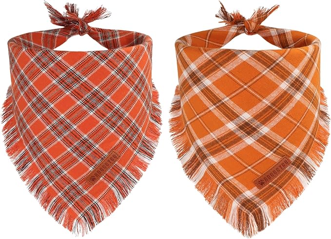 ADOGGYGO Fall Dog Bandanas with Tassels Edges, Stylish Plaid Thanksgiving Halloween Scarf Bib, Orange Plaid Fall Bandanas for Medium Large Dogs (Large)