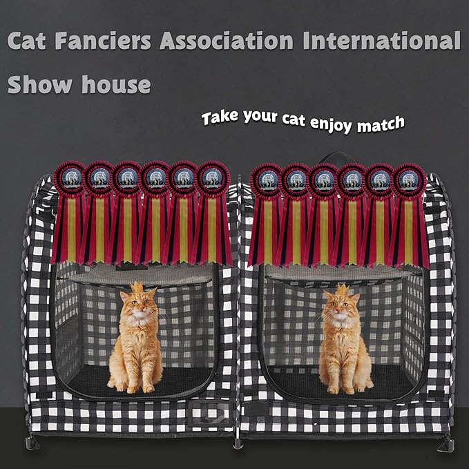 Mispace Portable Twin Compartment Show House Cat Cage/Condo - Easy to Fold & Carry Kennel - Comfy Puppy Home & Dog Travel Crate with Carry Bag/Two Hammocks/Mats and Collapsible Litter Box