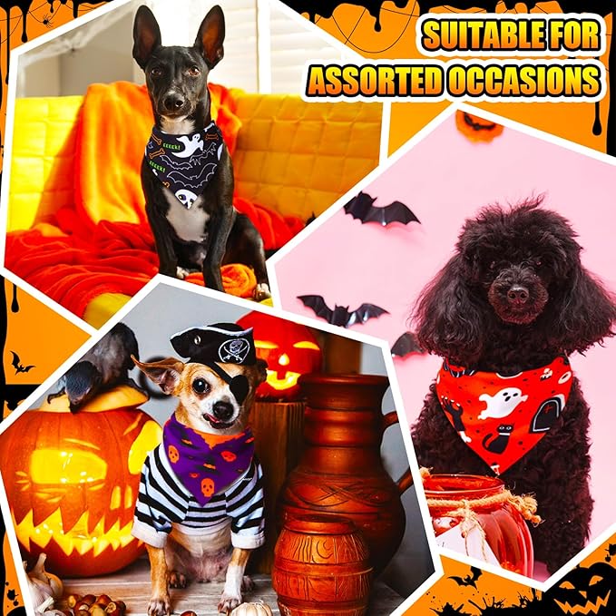 100 Pcs Halloween Dog Bandanas Bulk Pumpkin Black Cat Skull Dog Bandanas Adjustable Pet Bibs Triangle Scarf Halloween Holiday Costume for Small Medium Pet Puppy
