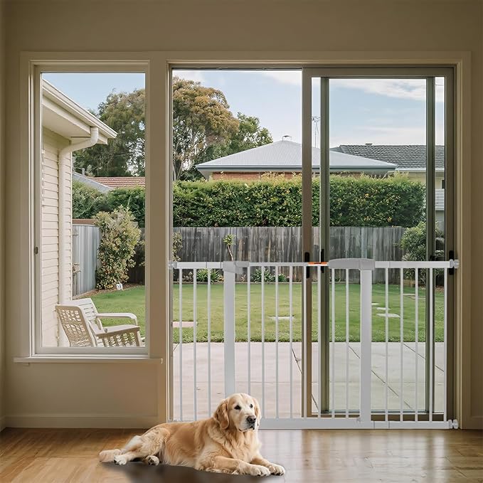 29-57" Dog Gates for Doorways No Drilling, Pet Gate Indoor, 30" Tall Metal Walk-Thru Gate, Easy One-Hand Open, Extensions & Wall Mounts Included (White, 57" W x 30.5“H)