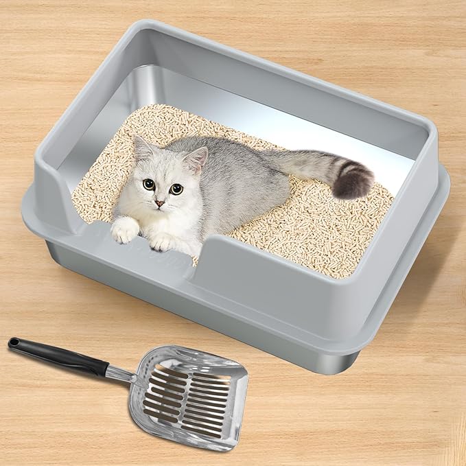 Stainless Steel Litter Box, Enclosed Cat Litter Box Metal Pan Tray with High Wall Sides Non-Stick No Smell Easy to Clean Pet Toilet Supplies for Indoor Cats,Kitten, Kitty, Rabbit (Side Pedal)
