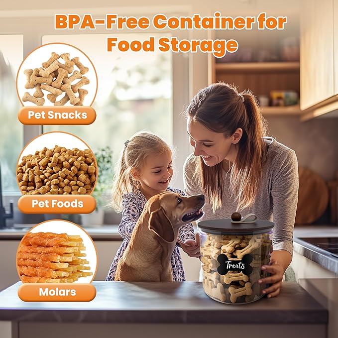 2 Pack Airtight Dog Food Storage Container,Dog Treat Container Dog Treat Jar with Wood Lids 6x5'',Pet Food Storage Container,Cat Food Container with Scoops,Food Tong,Labels,Pen