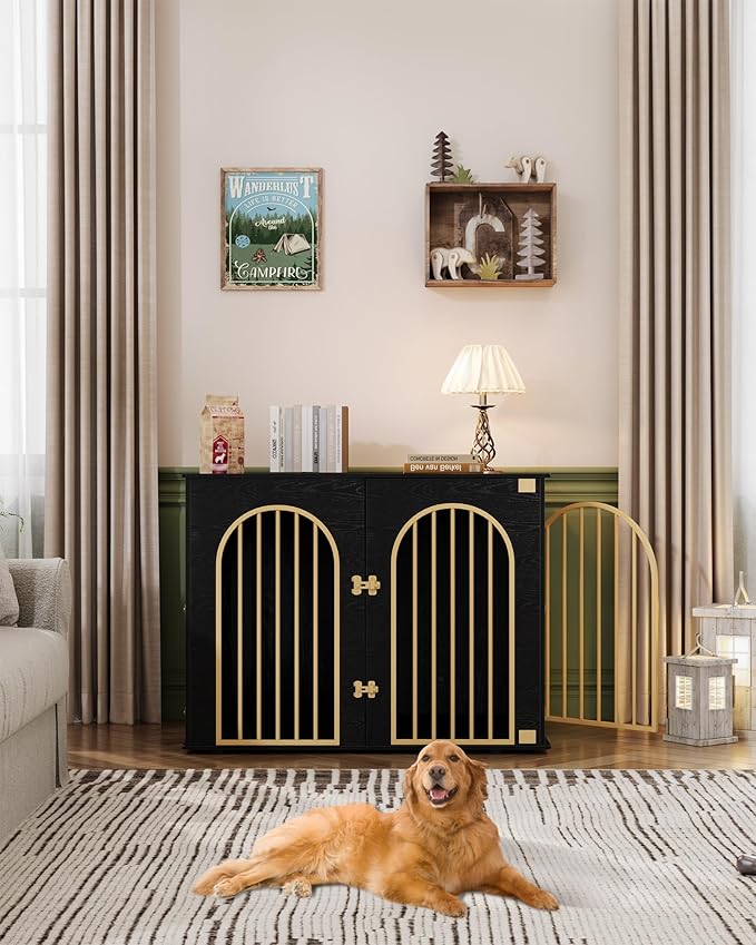 44.1" Wooden Dog Crate Furniture, Indoor Dog Kennel Dogs Cage for Small/Medium/Large Dogs, Heavy Duty Dog Crates Decorative Pet House End Side Table TV Stand, Black Gold DFC83904A