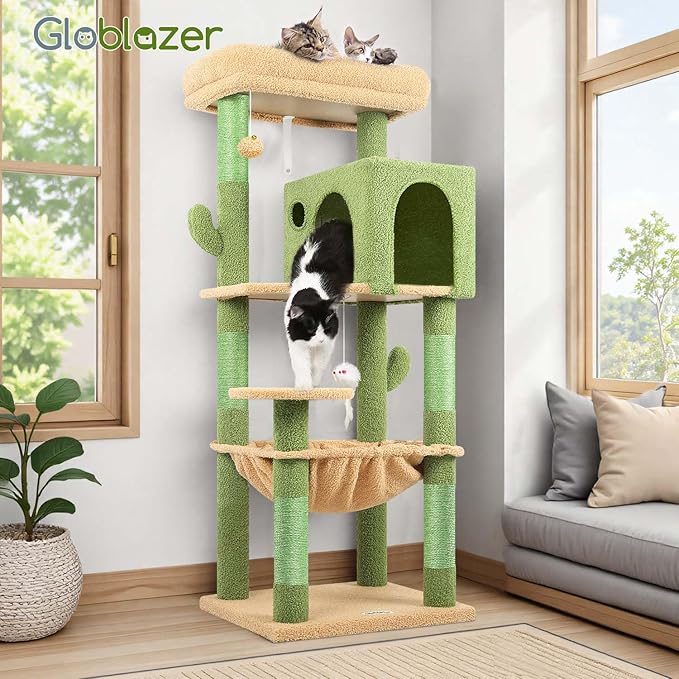 Globlazer Cactus Cat Tree Tower with Scratching Post for Indoor Cats, 53inch Tall Plush Multi-Level Cat Climbing Tower Condo with Large Hammock, Spacious Cat Cave, Padded Top Perch Bed, F53, Green