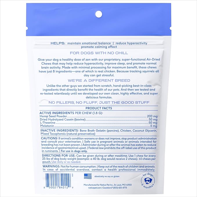 Native Pet Calming Chews for Dogs - Melatonin for Dogs Anxiety Relief - Grain Free All Natural Hemp Calming Treats & L-Theanine Helps Manage Stress & Separation Anxiety - Puppy Sleep Aid - 60 Chews